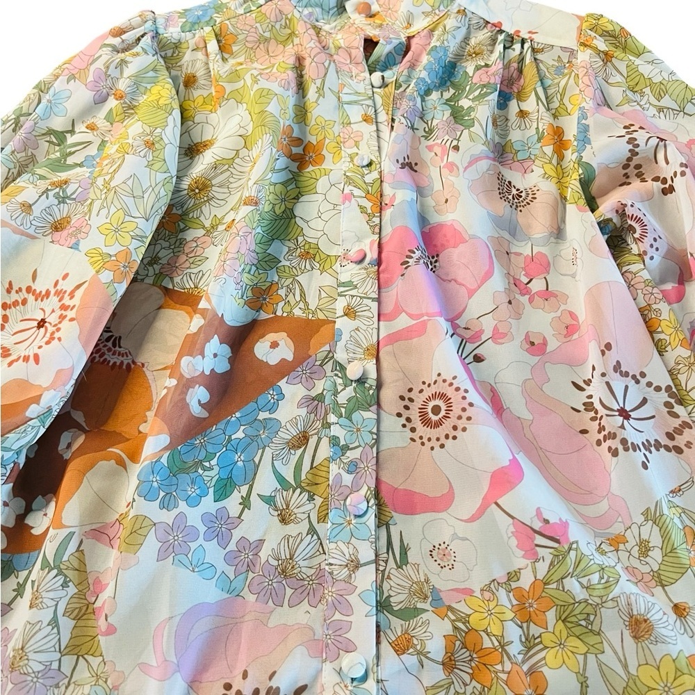 Pink Ripple Chic Long Sleeve Sheer Floral Dress in Pink and Cream Size Small - Picture 5 of 12